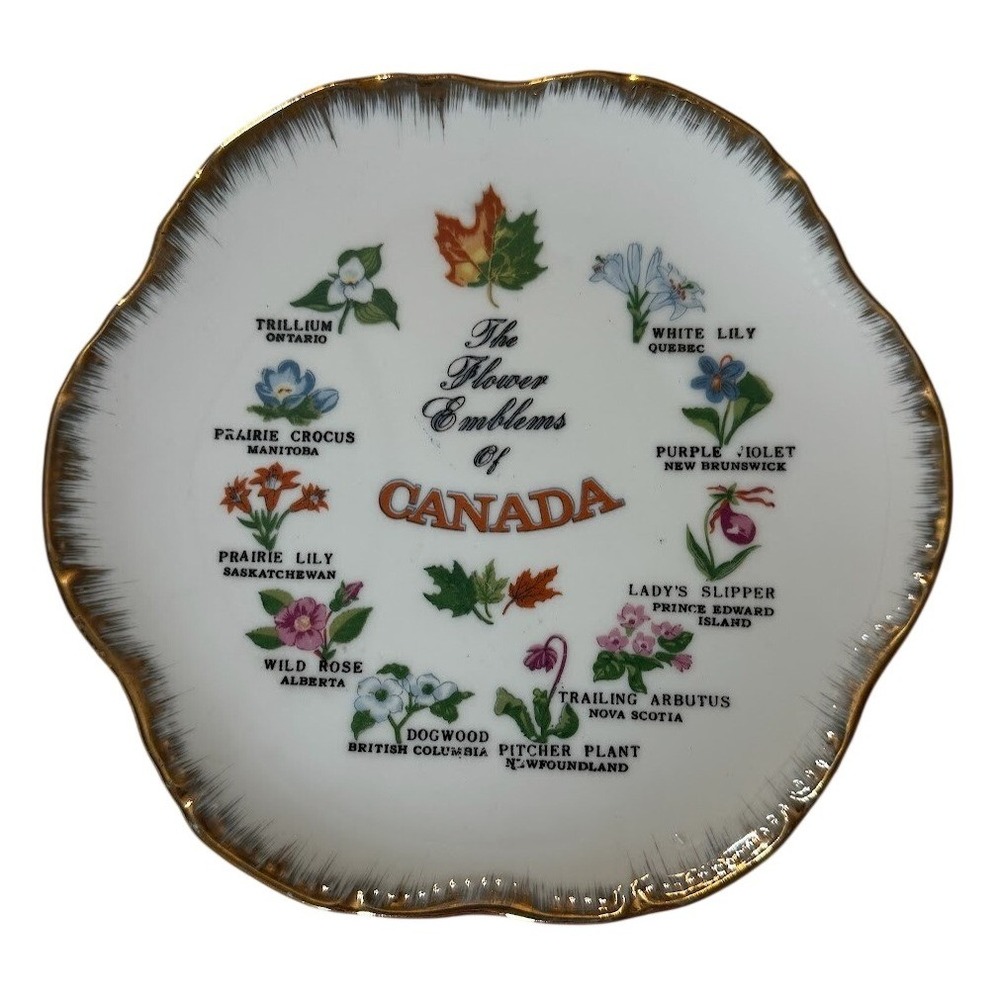 Canada‎ Flower Emblems Souvenir Plate Gold Trim Japan Giftcraft 7.25 Inch